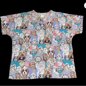 Womens Medium Scrub Shirt Top Dog Cat Nurse Vet Tech Colorful Fun Puppy Kitten